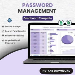 Könnte beinhalten: Ein Laptop-Bildschirm zeigt eine Passwortverwaltungs-Dashboard-Vorlage mit einem lila und weißen Farbschema. Das Dashboard enthält ein Diagramm, eine Tabelle und ein Kreisdiagramm. Der Text auf dem Bildschirm lautet "Password Manager Summary Dashboard", "Ana Michell Davic", "8/28/202", "Account/Website", "Daily Use (%)", und "Account Type".