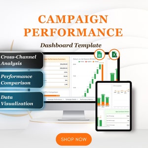 Campaign performance dashboard excel template, Marketing campaign tracker excel, Google ads campaign, facebook ads instagram ads, Meta Ads