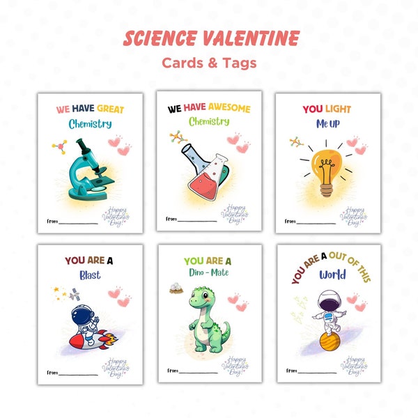 Printable Science valentines cards and tags, Chemistry valentines, Space Valentines Cards, Dinosaur Valentines Cards, Class Valentines Gift