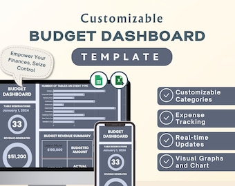 May include: A customizable budget dashboard template with a gray and white color scheme. The template includes a table for tracking the number of tables needed for different event types, a budget revenue summary, and a dashboard with a table reservation tracker. The template is available for instant download.