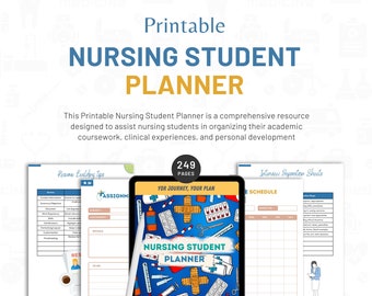 May include: A printable nursing student planner with 249 pages. The cover features a blue and red background with medical supplies and the text "Nursing Student Planner".