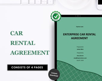 May include: A green and white digital document with the title "Enterprise Car Rental Agreement". The document is on a tablet computer and has a green verified stamp. The text "Car Rental Agreement" is written in large, bold letters on the left side of the image.