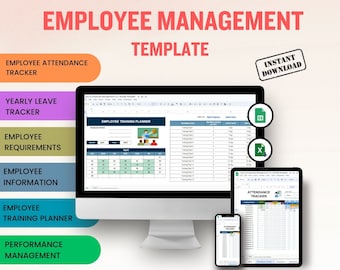Op de afbeelding: Een digitale illustratie van een computerscherm, een tablet en een smartphone die spreadsheets voor personeelsmanagement weergeven. De spreadsheets bevatten secties voor personeelsaanwezigheid, verloftracker, trainingsplanner en prestatiebeheer. De tekst "All in One Employee Management Template" wordt bovenaan de afbeelding weergegeven.