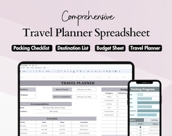 Travel Planner Spreadsheet: Itinerary, Packing Checklist, Budget (Digital Download)