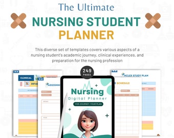 May include: A digital planner for nursing students with 249 pages. The cover features a cartoon nurse with a stethoscope and a green and blue background. The planner includes sections for clinical details, assignments, NCLEX study plans, and schedules.