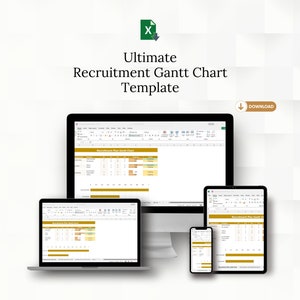 May include: A computer screen displaying a spreadsheet with a recruitment plan Gantt chart. The chart is color-coded and includes tasks, deadlines, and progress indicators. The spreadsheet is titled "Recruitment Plan Gantt Chart". The image also shows a laptop, tablet, and smartphone, all displaying the same spreadsheet.