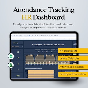 HR-dashboardsjabloon voor aanwezigheidsregistratie, maandelijkse aanwezigheid werknemer, evaluatie van medewerkers, HR-spreadsheet, aanwezigheidsregistratie, HR-sjabloon