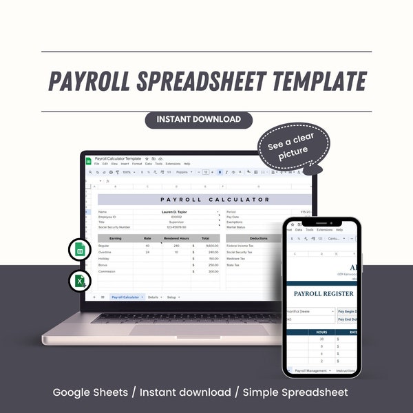 Payroll Spreadsheet Template For Employee Management System, Easy To Customize Employee Payroll register, Payroll Tracker, Payroll Calendar