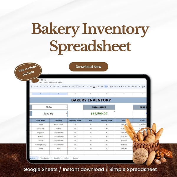 Efficiently Track Your Bakery Inventory with Our Comprehensive Bakery Spreadsheet, Editable inventory spreadsheet, Ingredient Tracking