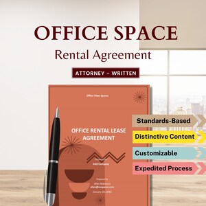 Op de afbeelding: Een rode en oranje sjabloon voor een huurovereenkomst voor kantoorruimte met een pen erop. De sjabloon heeft de tekst "Office Rental Lease Agreement" en "Office Vibes Spaces" erop. De sjabloon heeft ook een lijst met functies, waaronder "Standards-Based", "Distinctive Content", "Customizable" en "Expedited Process".