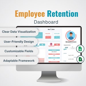 May include: A computer screen displaying a dashboard with the title "Employee Retention Dashboard". The dashboard includes charts, graphs, and data visualizations. The dashboard also includes a section for employee overview with the name "Benjamin Green" and employee ID 1020.