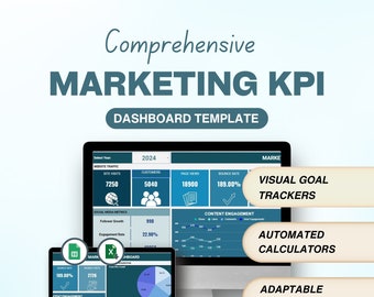 May include: A computer screen displaying a marketing KPI dashboard template with the year 2024 selected. The dashboard includes website traffic, social media metrics, and content engagement data. The screen is labeled "Comprehensive Marketing KPI Dashboard Template".