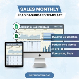 Può includere: Uno schermo di computer che mostra un modello di dashboard di lead di vendita con uno schema di colori blu e grigio. Il modello include grafici, diagrammi e tabelle con dati su lead, conversioni e tempi di risposta. Il testo "SALES MONTHLY LEAD DASHBOARD" è nella parte superiore dello schermo. I testi "Dynamic Visualization", "Performance Metrics" e "Forecasting Tools" sono anche visibili sullo schermo. Lo schermo è su una scrivania con uno schermo di tablet più piccolo che mostra un modello di dashboard simile.