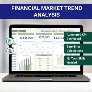 May include: A laptop displaying a financial market trend analysis. The screen shows charts, graphs, and financial data, including revenue and expenses. Text on the screen includes "Automated KPI Dashboard" and "Zero-Error Calculations."