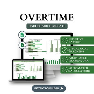 Może przedstawiać: Zielony i biały ekran komputera wyświetlający arkusz kalkulacyjny z tytułem "Overtime Dashboard Template". Ekran znajduje się na komputerze stacjonarnym z zielonym i białym laptopem poniżej. Obraz ma białe tło z tekstem "Overtime Dashboard Template" w kolorze zielonym i białym. Tekst "Pobierz natychmiast" jest biały z zieloną strzałką wskazującą w prawo. Są cztery zielone znaczniki wyboru z tekstem obok: "Intuicyjny układ", "Wizualne śledzenie celów", "Dostosowywalna struktura" i "Automatyczne kalkulatory".