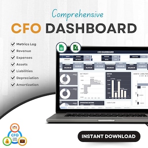 May include: A laptop computer screen displaying a CFO dashboard with charts and graphs showing financial data for the month of January. The dashboard includes metrics for revenue, expenses, assets, liabilities, depreciation, and amortisation. The dashboard is titled "CFO Dashboard".