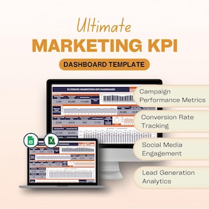 May include: A computer screen displaying a marketing KPI dashboard template with charts and graphs. The dashboard includes metrics such as website traffic, average website visits, total page views, total social shares, total comments, total engagements, average engagement rate, total organic searches, click-through rate, and average click-through rate. The dashboard also includes a pie chart with the title "Total Performance" and a bar chart with the title "Average Engagement Rate". The dashboard is titled "Ultimate Marketing KPI Dashboard".