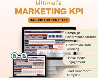 May include: A computer screen displaying a marketing KPI dashboard template with charts and graphs. The dashboard includes metrics such as website traffic, average website visits, total page views, total social shares, total comments, total engagements, average engagement rate, total organic searches, click-through rate, and average click-through rate. The dashboard also includes a pie chart with the title "Total Performance" and a bar chart with the title "Average Engagement Rate". The dashboard is titled "Ultimate Marketing KPI Dashboard".