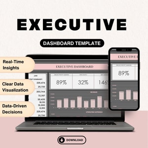 Könnte beinhalten: Ein Laptop-Bildschirm zeigt eine Business-Dashboard-Vorlage mit einem rosa und grauen Farbschema. Das Dashboard zeigt ein Balkendiagramm, eine Tabelle mit Daten und einen Titel mit der Aufschrift "Executive Dashboard". Der Laptop befindet sich auf einer rosa Oberfläche mit einem Download-Button darunter. Ein kleinerer Telefonbildschirm ist in der oberen rechten Ecke des Bildes sichtbar und zeigt ebenfalls eine Business-Dashboard-Vorlage an.