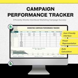 May include: A computer monitor displaying a marketing campaign performance tracker. The screen shows a spreadsheet with data, graphs, and the text "Campaign Performance Tracker." Features include a user-friendly interface, visual representation, and auto calculation.