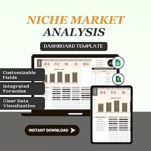 May include: A computer screen displaying a niche market analysis dashboard template with customizable fields, integrated formulas, and clear data visualization. The template includes a summary chart with bar graphs and a table with data points. The text "INSTANT DOWNLOAD" is displayed on a button.
