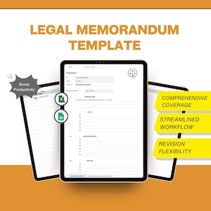 May include: A digital legal memorandum template displayed on three tablets. The text "LEGAL MEMORANDUM TEMPLATE" is at the top. Features include "Comprehensive Coverage," "Streamlined Workflow," and "Revision Flexibility."