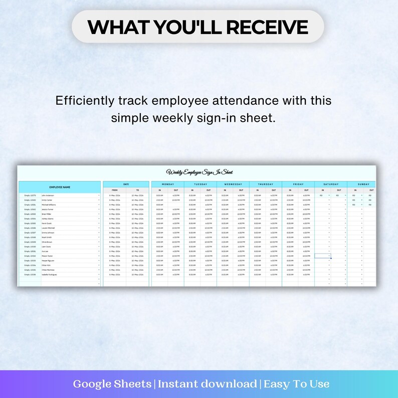 Weekly Sign In Weekly Employee Sign in Sheet Template (digital Download) - Etsy