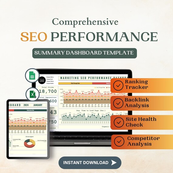 SEO Performance Dashboard Excel Template: Keyword Tracker & Competitor Analysis (Digital Download)