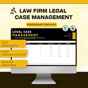 May include: A computer screen displaying a spreadsheet template for legal case management. The template includes columns for task management, client communication log, and deadline monitoring. The spreadsheet is titled "Law Firm Legal Case Management Spreadsheet Template".