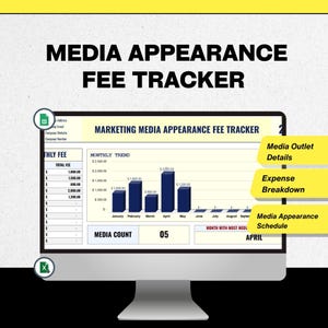 May include: A computer monitor displays a "Media Appearance Fee Tracker" with charts and data. The screen shows a monthly trend graph, expense breakdown, and media appearance schedule. The text includes "Marketing Media Appearance Fee Tracker".
