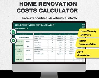 House Renovation Costs Calculator Excel & Google Sheet Template | Home Remodel Budget Spreadsheet | Instant Digital Download