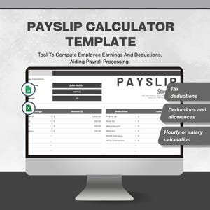 Op de afbeelding: Een computermonitor toont een loonstrookcalculator sjabloon. Het scherm toont velden voor werknemersinformatie, inkomsten, inhoudingen en belastinggegevens. Tekst op het scherm bevat "PAYSLIP CALCULATOR TEMPLATE" en "Tool To Compute Employee Earnings And Deductions."