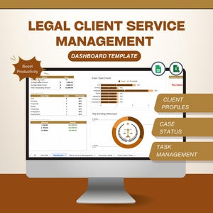 Op de afbeelding: Een computermonitor met een sjabloon voor een dashboard voor juridische klantenservicemanagement. Het scherm toont datavisualisaties, grafieken en tabellen met de tekst "Legal Client Service Management" en "Dashboard Template". De interface bevat secties voor klantenprofielen, casestatus en taakbeheer.
