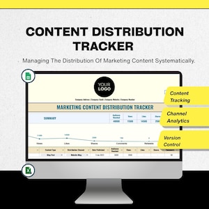 May include: A computer monitor displays a "CONTENT DISTRIBUTION TRACKER" with a marketing content distribution chart. The screen shows data for views, likes, shares, and comments. The text "Managing The Distribution Of Marketing Content Systematically" is also visible.