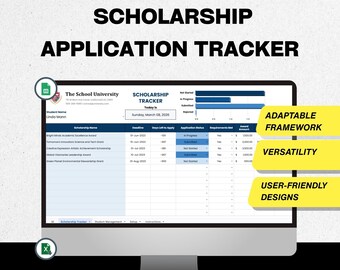 Rastreador de solicitudes de becas, hoja de cálculo de subvenciones universitarias, Google Sheets Excel, registro de ayuda financiera universitaria