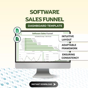 Può includere: Uno schermo di computer che mostra un modello di dashboard a imbuto di vendita di software. Il modello include grafici e diagrammi con dati sulla percentuale di probabilità e la previsione delle vendite. Il testo "Software Sales Funnel" è visualizzato nella parte superiore dello schermo. Il testo "Intuitive Layout", "Adaptable Framework" e "Ensuring Consistency" è visualizzato in tre caselle sul lato destro dello schermo. Il testo "Instant Download" è visualizzato nella parte inferiore dello schermo.