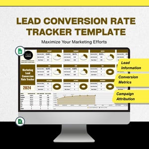 Peut inclure: Un écran d'ordinateur affichant un modèle de suivi du taux de conversion des prospects marketing. Le modèle comprend des sections pour les informations sur les prospects, les mesures de conversion et l'attribution des campagnes. Le texte à l'écran indique "Lead Conversion Rate Tracker Template".