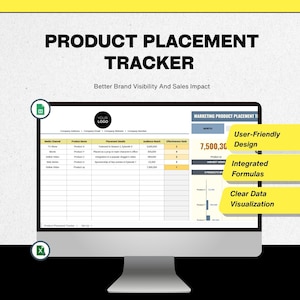 May include: A computer monitor displays a spreadsheet titled "Product Placement Tracker." The screen shows data related to media channels, product names, and placement details. The design highlights user-friendly design, integrated formulas, and clear data visualization.