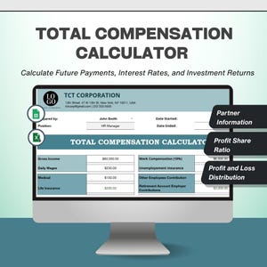 Może przedstawiać: Ekran komputera wyświetlający kalkulator całkowitego wynagrodzenia. Ekran pokazuje formularz z polami dla dochodu brutto, dziennych zarobków i innych danych finansowych. Tekst "TOTAL COMPENSATION CALCULATOR" znajduje się na górze, a pod nim "Calculate Future Payments, Interest Rates, and Investment Returns".