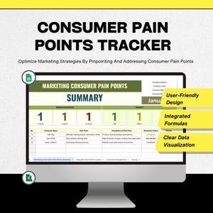 May include: A computer monitor displays a "Consumer Pain Points Tracker" with a spreadsheet titled "Marketing Consumer Pain Points Summary." The screen highlights user-friendly design, integrated formulas, and clear data visualization. Text at the top reads "Optimize Marketing Strategies."