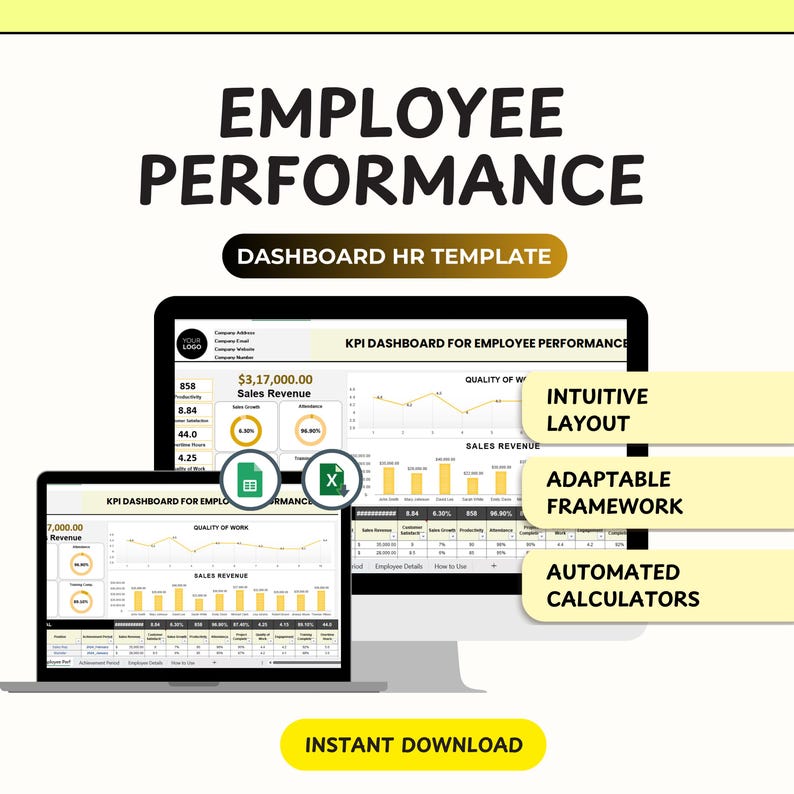 Employee Performance Visualization Employee Performance KPI Dashboard HR Template (MS Excel, Google Sheet ...