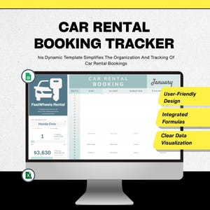 May include: A computer monitor displays a car rental booking tracker template. The screen shows a booking form with fields for date, car, client, and duration. Text on the screen includes "FastWheels Rental," "Honda Civic," and "January." The design highlights user-friendly design, integrated formulas, and clear data visualization.