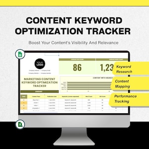 May include: A computer monitor shows a "CONTENT KEYWORD OPTIMIZATION TRACKER" with data analysis. The screen displays a logo, data tables, and sections for Keyword Research, Content Mapping, and Performance Tracking. The background is light green.
