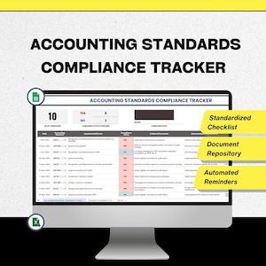 May include: A computer monitor shows an "Accounting Standards Compliance Tracker" with a checklist, document repository, and automated reminders. The screen displays a table with compliance status and related data.