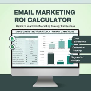 Puede incluir: Un monitor de computadora muestra una calculadora de retorno de la inversión (ROI) para marketing por correo electrónico. La pantalla muestra visualizaciones de datos y métricas como la tasa de apertura, la tasa de clics y la tasa de conversión. El texto dice "Email Marketing ROI Calculator".