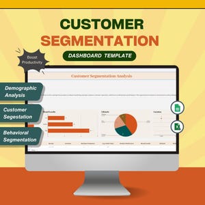 May include: A computer monitor displays a customer segmentation dashboard template. The screen shows a customer segmentation analysis with charts and graphs. Text includes "Customer Segmentation," "Dashboard Template," and "Boost Productivity."