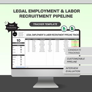 May include: A computer monitor displays a recruitment pipeline tracker template. The screen shows a spreadsheet with candidate information, including names, positions, and application dates. Text on the screen reads "Legal Employment & Labor Recruitment Pipeline."