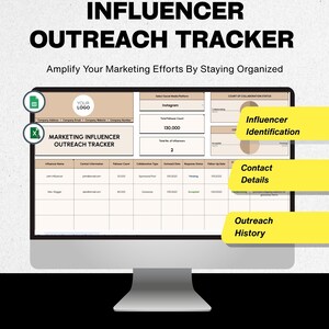 May include: A computer monitor displays an "Influencer Outreach Tracker" with the text "Amplify Your Marketing Efforts By Staying Organized." The tracker includes sections for influencer identification, contact details, and outreach history.