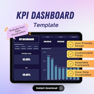 May include: A dark blue computer screen displaying a KPI dashboard template with a chart showing monthly revenue totals. The template features a user-friendly design, customizable fields, an adaptable framework, and clear data visualization. The text on the screen reads "KPI Dashboard Template", "Average $88,490.00", "Variance $19,310.00", "Efficiency Level 82.09%", and "ROI 56.85%".