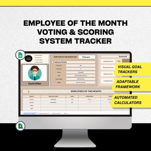 Op de afbeelding: Een computermonitor toont een "Medewerker van de Maand" stem- en scoresysteem. Het scherm toont een scorekaart, medewerkersgegevens en een tabel voor medewerkersgegevens. Het systeem omvat visuele doelvolgers, een aanpasbaar framework en geautomatiseerde calculators.